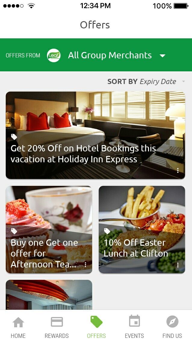 Mobile offers screen listing hotel and dining member promotions