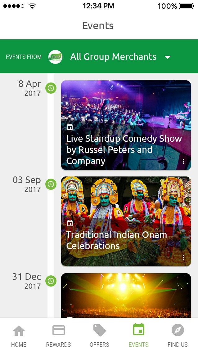 Mobile events screen with entertainment and venue activities