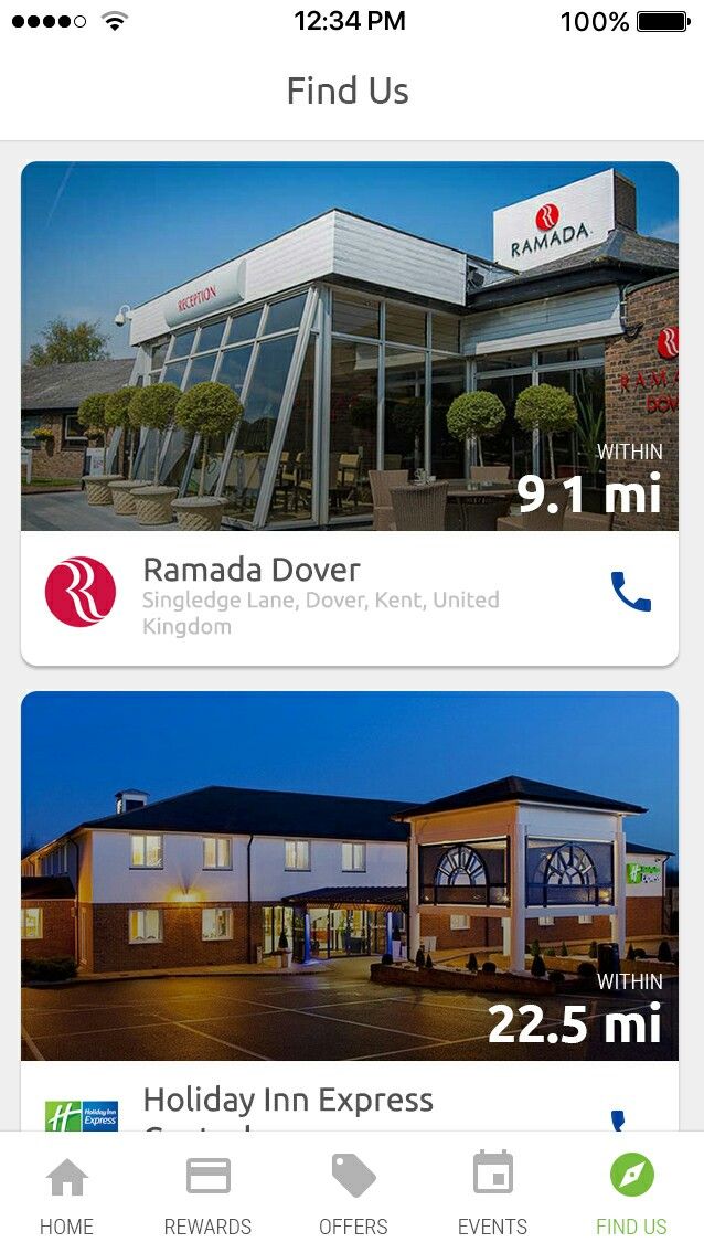 Find us map screen showing nearby hotel properties
