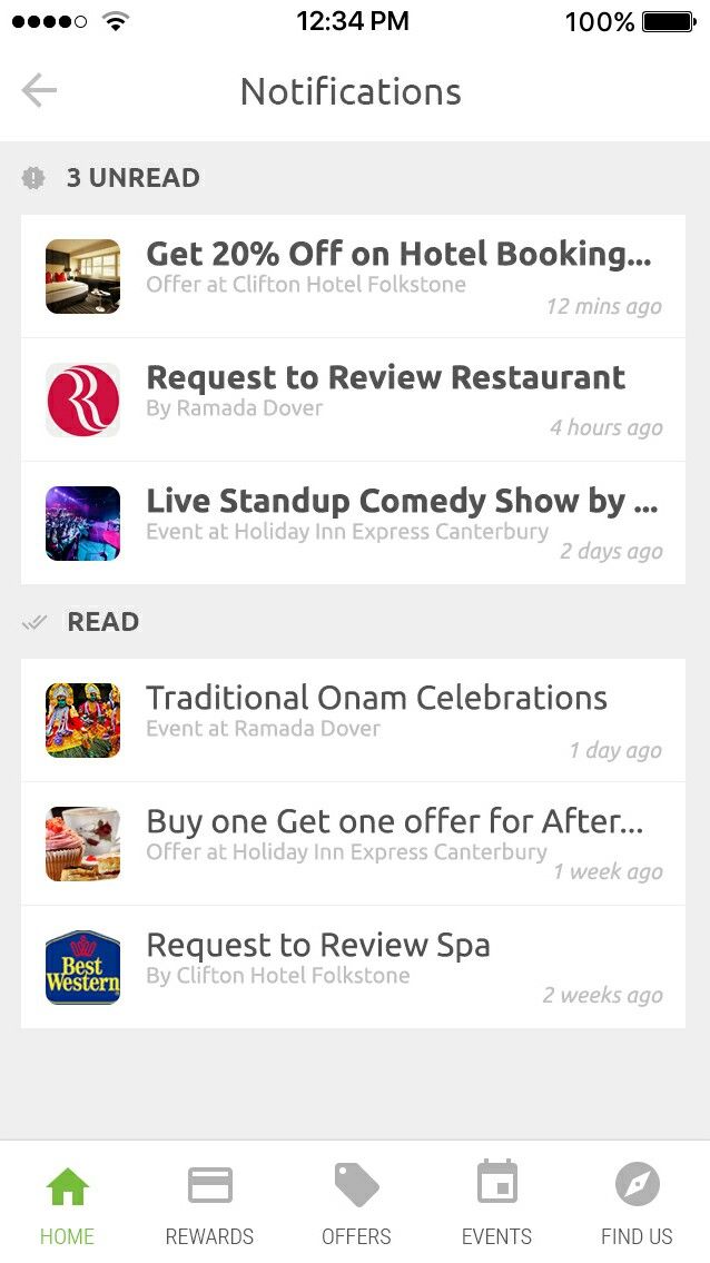 Notifications center with loyalty and activity alerts