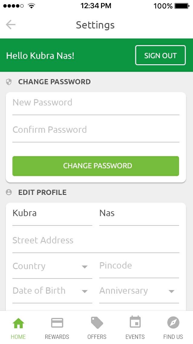 Account settings screen for profile and preferences